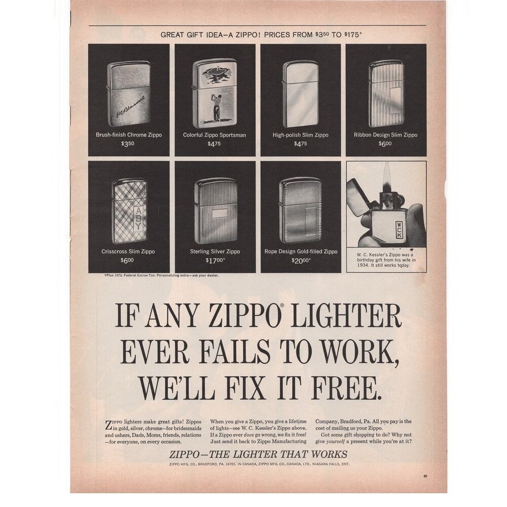 Zippo Lighter Magazine Advertisement 1960s Vintage Tobacciana Gift Guarantee